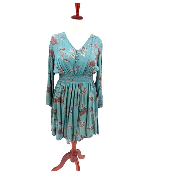 Kings Road Dresses & Skirts - Kings Road V-Neck Dress Womens L Mint Green Brown Floral Bell Sleeve Excellent